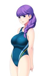 Rule 34 | 1girl, amami misako, bare shoulders, blue eyes, breasts, competition swimsuit, female focus, game cg, hitozuma swimming club, ino (magloid), interheart, large breasts, legs, long hair, looking at viewer, one-piece swimsuit, purple hair, simple background, solo, standing, swimsuit, thighs, white background