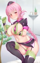 Rule 34 | 1girl, absurdres, bikini, bikini under clothes, blurry, boots, braid, breasts, cleavage, clothes lift, depth of field, embarrassed, fate/grand order, fate (series), florence nightingale (fate), florence nightingale (trick or treatment) (fate), green thighhighs, highres, indoors, layered bikini, lomocya, long hair, mature female, microskirt, official alternate costume, plant, side-tie bikini bottom, single braid, skirt, solo, stomach, swimsuit, tagme, thighhighs, thighhighs under boots, very long hair