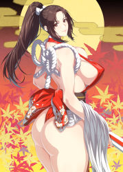 Rule 34 | 1girl, ass, bare legs, breasts, brown hair, fatal fury, highleg, highleg leotard, highres, huge ass, large breasts, leotard, long hair, looking at viewer, sex, sex from behind, shiny skin, shiranui mai, sideboob, solo, straddling, thong, very long hair, zucchini