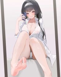 1girl absurdres astra_yao barefoot black_hair blush breasts cellphone feet hairband highres long_hair looking_at_viewer mirror panties pantyshot parted_lips phone red_eyes sihana156 smartphone smile soles toes underwear zenless_zone_zero