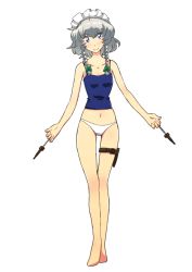 Rule 34 | 1girl, adapted costume, alternate costume, bad id, bad pixiv id, bare shoulders, blue eyes, blush, braid, camisole, collarbone, female focus, holster, izayoi sakuya, knife, maid headdress, navel, non (z-art), panties, short hair, silver hair, simple background, smile, solo, thigh holster, touhou, twin braids, underwear, underwear only, weapon, white background, white panties