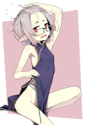 Rule 34 | 1girl, arm up, bare arms, bare shoulders, black-framed eyewear, blush, china dress, chinese clothes, dress, fang, female focus, glasses, grey hair, highres, looking at viewer, nail polish, ogami kazuki, open mouth, original, pale skin, pointy ears, red eyes, short hair, side slit, sitting, sleeveless, solo, vampire