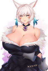 Rule 34 | 1girl, animal ears, arm under breasts, artist request, bare shoulders, breasts, cat ears, cleavage, final fantasy, final fantasy xiv, grey eyes, highres, huge breasts, jewelry, looking at viewer, miqo&#039;te, nastart, necklace, parted lips, robe, short hair, silver hair, smile, solo, tattoo, y&#039;shtola rhul