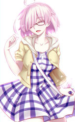 Rule 34 | 1girl, ahoge, closed eyes, dress, fate/grand order, fate (series), glasses, hair over one eye, highres, hood, hoodie, mash kyrielight, mash kyrielight (senpai killer outfit), official alternate costume, paperfinger, plaid, plaid dress, purple hair, short hair, smile, solo, white background