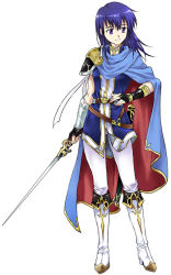 Rule 34 | agahari, boots, bridal gauntlets, cape, fire emblem, fire emblem: genealogy of the holy war, if they mated, larcei (fire emblem), nintendo, purple eyes, purple hair, seliph (fire emblem), simple background, sword, weapon, white background