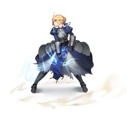Rule 34 | 1girl, ahoge, armor, armored dress, artoria pendragon (all), artoria pendragon (fate), beeeeen, blonde hair, blue dress, blue ribbon, braid, breastplate, breasts, dress, fate/stay night, fate (series), faulds, french braid, full body, gauntlets, green eyes, hair bun, hair ribbon, highres, invisible air (fate), juliet sleeves, long hair, long sleeves, looking at viewer, looking to the side, medium breasts, puffy sleeves, ribbon, saber (fate), sidelocks, solo, sword, weapon