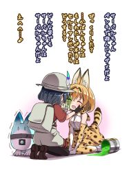 Rule 34 | 10s, 2girls, animal ears, backpack, bag, bare shoulders, black hair, blonde hair, bow, bowtie, bucket hat, elbow gloves, gloves, hat, hat feather, kaban (kemono friends), kemono friends, lucky beast (kemono friends), multiple girls, open mouth, paint, paint can, pantyhose, serval (kemono friends), serval print, serval tail, shipii (jigglypuff), shirt, short hair, sleeveless, smile, tail, translation request