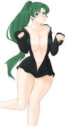 Rule 34 | 1girl, bare shoulders, black hoodie, black jacket, blush, breasts, cleavage, closed mouth, collarbone, curvy, earrings, facing viewer, fire emblem, fire emblem: the blazing blade, fire emblem heroes, green hair, hair between eyes, highres, hood, hoodie, jacket, jewelry, large breasts, light blush, long hair, looking at viewer, lyn (fire emblem), navel, nintendo, no bra, paw pose, ponytail, smile, solo, standing, standing on one leg, thighs, transparent background, tridisart, unzipping, wide hips