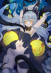 Rule 34 | 1girl, absurdres, air bubble, azur lane, blush, breasts, bubble, covering privates, covering crotch, eyelashes, glowing, glowing eyes, highres, long hair, navel, no panties, observer alpha (azur lane), shi nasuzu, siren (azur lane), small breasts, solo, tentacles, underwater, very long hair, yellow eyes