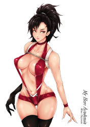 Rule 34 | 10s, 1girl, absurdres, asymmetrical bangs, bad id, bad pixiv id, black eyes, black hair, black thighhighs, boku no hero academia, breasts, brown eyes, character name, chest strap, choker, collarbone, copyright name, covered erect nipples, gloves, highres, large breasts, long hair, looking to the side, navel, open mouth, pointy ears, ponytail, short shorts, shorts, single glove, slingshot swimsuit, solo, swimsuit, thighhighs, yaoyorozu momo, zettai muri no akira