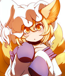 Rule 34 | 1girl, animal ears, blonde hair, blush, dearmybrothers, female focus, fox ears, fox tail, hat, highres, looking at viewer, multiple tails, oversized clothes, short hair, sleeves past wrists, solo, tail, touhou, yakumo ran, yellow eyes, aged down