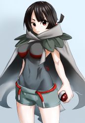 Rule 34 | 1girl, absurdres, belt, black hair, breasts, cloak, closed mouth, creatures (company), game freak, highres, looking at viewer, nintendo, poke ball, poke ball (basic), pokemon, pokemon oras, red belt, red eyes, remya, rope belt, short hair, short ponytail, short shorts, shorts, simple background, skin tight, solo, zinnia (pokemon)