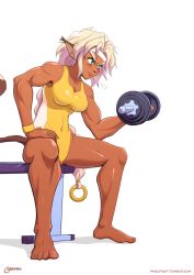 Rule 34 | 1girl, aisha clanclan, barefoot, blonde hair, braid, breasts, covered navel, dumbbell, exercise, fang, green eyes, highres, leotard, letitmelo, light blush, long braid, muscular, muscular female, outlaw star, pointy ears, signature, single braid, smile, solo, sweat, sweatband, tail, tan, thick eyebrows, thighs, weightlifting, white background, yellow leotard