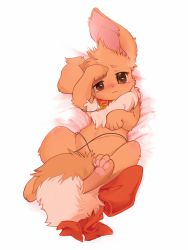 Rule 34 | ancesra, animal focus, bed sheet, blush, brown eyes, brown theme, closed mouth, collar, creatures (company), dakimakura (medium), eevee, embarrassed, entangled, fluffy, full body, game freak, gen 1 pokemon, half-closed eye, highres, leash, looking at viewer, lying, nintendo, no humans, nose blush, on back, pawpads, pokemon, pokemon (creature), red ribbon, ribbon, solo, spread legs, tears, uneven eyes, wavy mouth