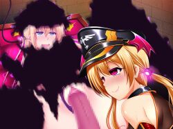 Rule 34 | 1boy, 2girls, alternate costume, alternate eye color, anchor, aura, bare shoulders, bismarck (kancolle), black panties, blonde hair, blue eyes, breasts, brown gloves, cameltoe, censored, clothed sex, clothing aside, corruption, dark persona, demon wings, detached sleeves, faceless, faceless male, gloves, grey thighhighs, hair ornament, hat, hetero, indoors, kantai collection, large breasts, long hair, long sleeves, low twintails, lying, military hat, militia minpei, mind control, mosaic censoring, multiple girls, naughty face, on back, one breast out, panties, panties aside, peaked cap, penis, prinz eugen (kancolle), puffy nipples, purple eyes, see-through, sex, skull and crossbones, smile, spread legs, ss insignia, tearing up, thighhighs, torogao, twintails, underwear, wings