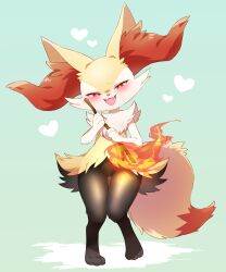 Rule 34 | 1girl, :3, animal ear fluff, animal ears, animal feet, animal hands, animal nose, aqua background, black fur, blush, body fur, braixen, bright pupils, creatures (company), ebisaki, fangs, female focus, fire, flat chest, fox ears, fox girl, fox tail, full body, furry, furry female, game freak, gen 6 pokemon, gluteal fold, groin, half-closed eyes, hands up, happy, head tilt, heart, highres, holding, holding stick, knees together feet apart, legs, looking at viewer, multicolored fur, neck fur, nintendo, open mouth, pokemon, pokemon (creature), red eyes, shiny skin, simple background, smile, solo, standing, stick, tail, thigh gap, thighs, white fur, white pupils, yellow fur