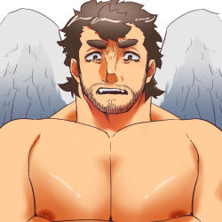 Rule 34 | 1boy, bad id, bad pixiv id, bara, beard, blush, close-up, completely nude, facial hair, feathered wings, halo, large pectorals, male focus, mature male, muscular, muscular male, nether angel (housamo), nipples, nude, pectoral focus, pectorals, shinonome kaikou, short hair, sideburns, solo, stubble, thick eyebrows, tokyo houkago summoners, upper body, wings
