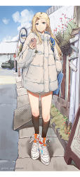 Rule 34 | 1girl, absurdres, alternate costume, black socks, blonde hair, blue bag, blue eyes, casual, cellphone, chinese commentary, clara (girls und panzer), commentary request, copyright name, down jacket, emblem, english text, engrish text, full body, girls und panzer, highres, holding, holding phone, is-2, jacket, jsscj, kneehighs, long hair, military, military vehicle, motor vehicle, phone, pravda (emblem), ranguage, shoes, smartphone, smile, sneakers, socks, solo, tank, white footwear, white jacket