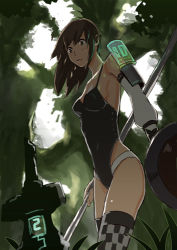 Rule 34 | 1girl, bare shoulders, black leotard, breasts, brown hair, checkered clothes, checkered legwear, cleavage, detached sleeves, forest, from below, glowing, grass, leotard, lowres, nature, okuto, original, parted lips, patterned legwear, polearm, shield, solo, thighhighs, thong leotard, weapon, wide-eyed