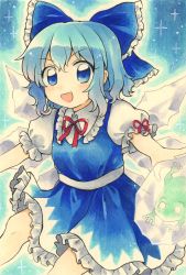 Rule 34 | 1girl, blue bow, blue dress, blue eyes, blue hair, bow, cirno, collared shirt, dress, frilled bow, frilled dress, frilled shirt collar, frills, frog, frozen, hair bow, highres, ice, ice wings, maa (forsythia1729), open mouth, puffy short sleeves, puffy sleeves, red ribbon, ribbon, sash, shirt, short hair, short sleeves, touhou, traditional media, v-shaped eyebrows, white sash, white shirt, wings