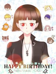 Rule 34 | 1girl, artist name, artist request, black vest, blush, braid, brown hair, collared vest, crown braid, female focus, highres, jewelry, looking at viewer, necklace, niijima makoto, parted lips, persona, persona 5, persona 5 scramble: the phantom strikers, red eyes, shirt, short hair, smile, solo, spiked knuckles, vest, white shirt