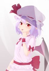 Rule 34 | 1girl, absurdres, arm up, bat wings, blouse, come hither, commentary, finger to mouth, fingernails, gradient background, grey background, hair between eyes, hand on own chin, hat, hat ribbon, highres, kanpa (campagne 9), licking, licking finger, light purple hair, looking at viewer, mob cap, pinky out, pointy ears, puffy short sleeves, puffy sleeves, red eyes, red neckwear, red ribbon, remilia scarlet, ribbon, sash, shirt, short hair, short sleeves, skirt, solo, standing, tongue, tongue out, touhou, upper body, white background, white hat, white shirt, white skirt, wings, wrist cuffs