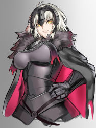 Rule 34 | 1girl, armor, breasts, cape, fate/grand order, fate (series), fur trim, gauntlets, grin, hand on own hip, helmet, highres, jeanne d&#039;arc (fate), jeanne d&#039;arc alter (avenger) (fate), jeanne d&#039;arc alter (avenger) (first ascension) (fate), jeanne d&#039;arc alter (fate), kumiko shiba, large breasts, looking at viewer, smile, solo, white hair, yellow eyes