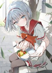 Rule 34 | 1girl, bench, bento, black pantyhose, blue eyes, blush, chopsticks, closed mouth, commentary request, falling leaves, food, grey hair, hair ribbon, highres, holding, holding chopsticks, leaf, looking at viewer, neckerchief, ningen mame, omelet, on bench, outdoors, pantyhose, park bench, pleated skirt, red neckerchief, red ribbon, red sailor collar, ribbon, sailor collar, sausage, second-party source, shirt, short hair, short sleeves, siesta (tantei wa mou shindeiru), sitting, skirt, smile, solo, tamagoyaki, tantei wa mou shindeiru, white shirt, white skirt