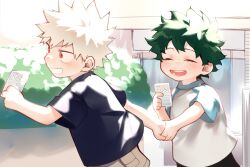 Rule 34 | 2boys, absurdres, aged down, all might, bakugou katsuki, black shirt, black shorts, blonde hair, blue shirt, blush, boku no hero academia, bush, card, character name, child, closed eyes, commentary, curly hair, day, eyes visible through hair, freckles, from side, green hair, grey shirt, grin, hands up, happy, highres, holding, holding card, holding hands, light, looking ahead, male focus, meltnotmelt, midoriya izuku, multiple boys, open mouth, outdoors, outstretched arm, outstretched arms, profile, radar chart, raglan sleeves, red eyes, round teeth, sanpaku, shirt, short hair, short sleeves, shorts, sideways mouth, smile, spiked hair, sunlight, symbol-only commentary, t-shirt, teeth, trading card, upper body, walking