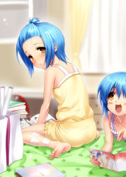 Rule 34 | 2girls, :d, alternate hairstyle, bag, bandages, barefoot, blue eyes, blue hair, blush, blush stickers, book, dual persona, forehead, little busters!, multiple girls, nishizono midori, nishizono mio, open book, open mouth, out of frame, parted lips, shopping bag, short hair, smile, topknot, zen
