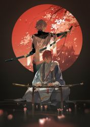 Rule 34 | 2boys, architecture, back-to-back, beads, black shirt, blue kimono, blurry, branch, building, closed eyes, closed mouth, depth of field, east asian architecture, ensemble stars!, facing viewer, flower, fur trim, hair between eyes, highres, holding, holding sword, holding weapon, indoors, japanese clothes, kimono, long sleeves, looking at viewer, looking back, male focus, multiple boys, oukawa kohaku, outstretched arm, petals, pink flower, plant, profile, purple eyes, red hair, reflective floor, reverse grip, robe, round window, sash, sheath, shirt, short hair, shuyu08382645, sitting, standing, suou tsukasa, sword, sword behind back, tassel, unsheathing, weapon, weapon stand, window