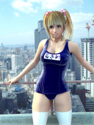 Rule 34 | 1girl, 3d, blonde hair, blue eyes, city, incise soul, m-rs, name tag, one-piece swimsuit, rooftop, rukia (incise soul), school swimsuit, solo, swimsuit, thighhighs, twintails