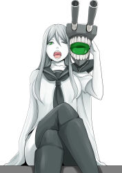 Rule 34 | 10s, 1girl, abyssal ship, black footwear, black thighhighs, boots, breasts, collarbone, crossed legs, green eyes, grey hair, hair between eyes, highres, kantai collection, knee boots, large breasts, one eye closed, open mouth, sailor collar, satsumaimo pai, shoulder pads, sitting, ta-class battleship, thighhighs