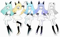 Rule 34 | 2boys, 3girls, :&lt;, :d, absurdres, all i can see is you (vocaloid), androgynous, animal ears, aqua eyes, aqua hair, arm up, black socks, blonde hair, blue eyes, blue hair, closed mouth, collared shirt, commentary request, fang, floppy ears, full body, grey eyes, grey hair, highres, kneehighs, long hair, long sleeves, looking at viewer, mary janes, multiple boys, multiple girls, open mouth, own hands together, personality i, personality ii, personality iii, personality iv, personality v, pleated skirt, purple eyes, purple hair, shirt, shoes, skin fang, skirt, sleeves past wrists, smile, socks, sweatdrop, umenatto710, vocaloid, waving, white footwear, white shirt, white skirt, yellow eyes