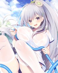 Rule 34 | 1girl, :d, ass, blue buruma, breasts, buruma, cloud, commentary request, day, flower, grey hair, gym uniform, hair flower, hair ornament, holding, hose, large breasts, lens flare, long hair, looking at viewer, miko (royal milk), open mouth, original, outdoors, ponytail, purple eyes, rainbow, see-through, shirt, short sleeves, skindentation, sky, smile, solo, thighhighs, v-shaped eyebrows, very long hair, water, wet, wet clothes, wet shirt, white shirt, white thighhighs, x hair ornament