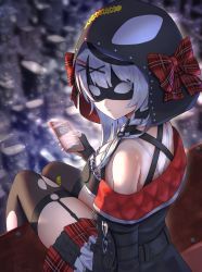 Rule 34 | 1girl, animal hood, ao ne, bare shoulders, black gloves, black jacket, black thighhighs, bow, braid, breasts, camisole, cellphone, closed mouth, eye mask, fingerless gloves, frilled camisole, frills, from behind, garter straps, gloves, hair ornament, hairclip, highres, holding, holding phone, hololive, hood, hood up, jacket, large breasts, long hair, looking at viewer, looking back, multicolored hair, nail polish, orca hood, outdoors, phone, plaid, plaid bow, plaid skirt, red nails, red skirt, rooftop, sakamata chloe, single braid, sitting, skirt, smartphone, solo, streaked hair, thighhighs, thighs, torn clothes, torn thighhighs, virtual youtuber, white hair, x hair ornament