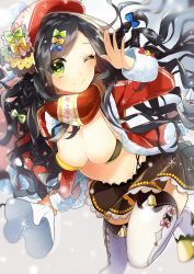 Rule 34 | 1girl, ;), absurdres, bad id, bad pixiv id, beret, black hair, bow, breasts, christmas, cleavage, hair bow, hat, highres, jacket, large breasts, leaning forward, long hair, one eye closed, open clothes, open jacket, original, sack, scarf, skirt, smile, sogawa66, solo, thighhighs, white thighhighs