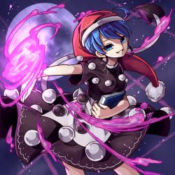 Rule 34 | 1girl, :d, apron, bad id, bad pixiv id, black dress, blob, blue eyes, blue hair, book, contrapposto, cowboy shot, doremy sweet, dress, full moon, hat, kozakura (dictionary), looking at viewer, matching hair/eyes, moon, nightcap, open mouth, pom pom (clothes), short hair, short sleeves, smile, solo, standing, touhou, waist apron