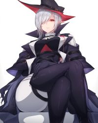 Rule 34 | 1girl, absurdres, arknights, ascot, black gloves, black hat, black thighhighs, commentary, cropped legs, crossed legs, gladiia (arknights), gloves, grey hair, hair over one eye, hand on own thigh, hat, high collar, highres, looking at viewer, one eye covered, pointy ears, red eyes, rikuguma, simple background, sitting, solo, thighhighs, thighs, white ascot, white background
