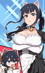 Rule 34 | 3girls, :3, animal ears, apron, bell, black dress, black hair, breasts, brown hair, cat ears, cleavage, closed mouth, crossed arms, dress, elbow gloves, fake animal ears, gloves, gungye, highres, jingle bell, kill la kill, kiryuuin satsuki, large breasts, long hair, looking at another, maid, maid apron, maid headdress, mankanshoku mako, matoi ryuuko, multicolored hair, multiple girls, neck bell, open mouth, red hair, smile, taking picture, white apron, white gloves
