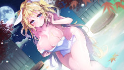Rule 34 | 1girl, absurdly long hair, animal ears, autumn leaves, bath, blonde hair, blue eyes, blush, breasts, bucket, cleavage, cloud, collarbone, commentary request, convenient censoring, covering privates, ears down, feet out of frame, heart, heart in eye, highres, holding, holding towel, kanola u, large breasts, leaf, leaning forward, long hair, looking at viewer, moon, naked towel, night, nude cover, onsen, original, outdoors, rabbit ears, rock, solo, steam, symbol-shaped pupils, symbol in eye, towel, twintails, very long hair, water, wavy hair, wet