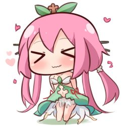 Rule 34 | &gt; &lt;, 1girl, bare arms, bare shoulders, barefoot, blush, breasts, closed eyes, closed mouth, collarbone, commentary request, dress, facing viewer, full body, granblue fantasy, green dress, hair between eyes, hair ornament, hana kazari, heart, leaf, long hair, low twintails, monster girl, navel, pink hair, plant girl, small breasts, smile, solo, standing, strapless, strapless dress, twintails, very long hair, wavy mouth, yggdrasil (granblue fantasy)