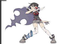 Rule 34 | 1girl, anklet, belt, black hair, black shirt, blunt bangs, boots, breasts, cloak, commentary request, cowlick, creatures (company), full body, game freak, grey footwear, grey shorts, hand up, highres, holding, holding poke ball, jewelry, looking to the side, medium breasts, nintendo, over-kneehighs, poke ball, poke ball (basic), pokemon, pokemon oras, red belt, rii (mrhc7482), rope belt, shirt, short shorts, shorts, sleeveless, sleeveless shirt, solo, squatting, thighhighs, toeless footwear, zinnia (pokemon)