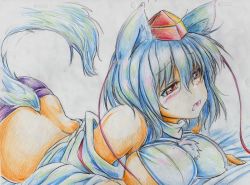 Rule 34 | 1girl, animal ears, bad id, bad pixiv id, bare shoulders, blush, breasts, colored pencil (medium), detached sleeves, female focus, hat, inubashiri momiji, kitazinger, lying, midriff, on stomach, open mouth, red eyes, short hair, solo, tail, tokin hat, touhou, traditional media, white hair, wolf ears, wolf tail