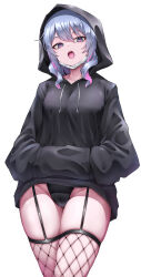 Rule 34 | 1girl, absurdres, black hoodie, black leotard, blue hair, cameltoe, commentary, fishnet thighhighs, fishnets, garter straps, hands in pockets, hatsune miku, highleg, highleg leotard, highres, hood, hood up, hoodie, lds (dstwins97), leotard, leotard under clothes, long hair, long sleeves, looking at viewer, mask, mask pull, mouth mask, multicolored hair, open mouth, pink hair, pink pupils, rabbit hole (vocaloid), simple background, skindentation, solo, streaked hair, thighhighs, thighs, tongue, vocaloid, white background