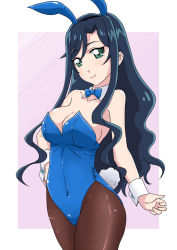 Rule 34 | 1girl, alternate costume, animal ears, blue hair, blue leotard, bow, bowtie, brown pantyhose, covered navel, cowboy shot, delicious party precure, dengeki gx, detached collar, fake animal ears, fake tail, fuwa hatsuko, green eyes, hair between eyes, hand on own hip, leotard, lips, long hair, pantyhose, pink background, playboy bunny, precure, rabbit ears, rabbit tail, smile, solo, strapless, strapless leotard, tail, wavy hair, white background, wrist cuffs