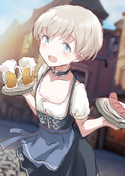 1girl apron barmaid beer_mug blue_apron blue_eyes blue_sky blurry blurry_background building commentary_request cross cup day dirndl flat_chest food fuji_(pixiv24804665) german_clothes grey_hair highres iron_cross kantai_collection mug official_alternate_costume outdoors photo_background sausage shirt short_hair short_sleeves sky solo waist_apron white_shirt z1_leberecht_maass_(kancolle) z1_leberecht_maass_(oktoberfest_mode)_(kancolle)