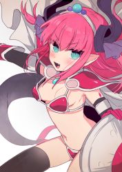 Rule 34 | &gt;:d, 10s, 1girl, :d, armor, bikini armor, black thighhighs, blue eyes, blush, bouncing breasts, breasts, cape, dragon tail, elbow gloves, elizabeth bathory (brave) (fate), elizabeth bathory (fate), fang, fate/extra, fate/extra ccc, fate/grand order, fate (series), gloves, horns, karokuchitose, long hair, looking at viewer, loose bikini, open mouth, pauldrons, pink hair, pointy ears, shield, shoulder armor, shoulder pads, small breasts, smile, solo, tail, thighhighs, tiara, v-shaped eyebrows