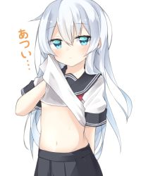 Rule 34 | 10s, 1girl, adapted costume, black sailor collar, black skirt, blue eyes, clothes lift, hair between eyes, hibiki (kancolle), kantai collection, lifted by self, long hair, neckerchief, pleated skirt, rateratte, red neckerchief, sailor collar, school uniform, serafuku, shirt lift, short sleeves, silver hair, simple background, skirt, solo, translated, white background