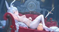 Rule 34 | 1girl, 1s44c, absurdres, ahoge, animal ears, armpits, azur lane, blue eyes, blush, breasts, clock, closed mouth, couch, cushion, fake animal ears, flower, from side, full body, gloves, highres, le malin (azur lane), le malin (listless lapin) (azur lane), leotard, looking at viewer, lying, manjuu (azur lane), no shoes, official alternate costume, on back, on couch, pantyhose, petals, playboy bunny, rabbit ears, red flower, red rose, rose, sideboob, small breasts, solo, sword, weapon, white gloves, white hair, white leotard, white pantyhose